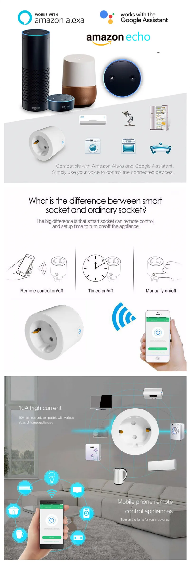 ЕС 10A WiFi умная розетка беспроводной штекер таймер переключатель для домашней автоматизации совместим с Google home и Alexa Голосовое управление