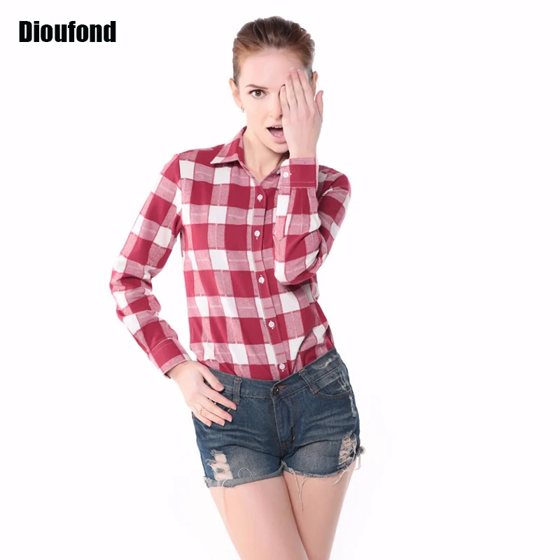 Фланелевая клетчатая рубашка Dioufond женские рубашки блузки Клетчатая блузка с