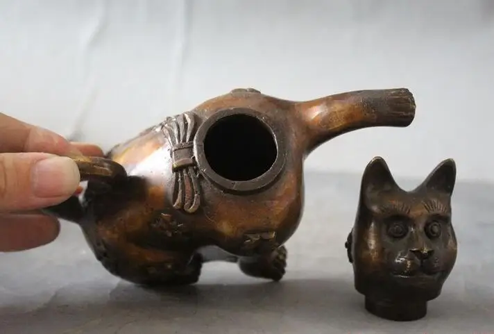 Старый Китайский Фэншуй Бронзовый счастливый кот киска статуя винный чайник|teapot