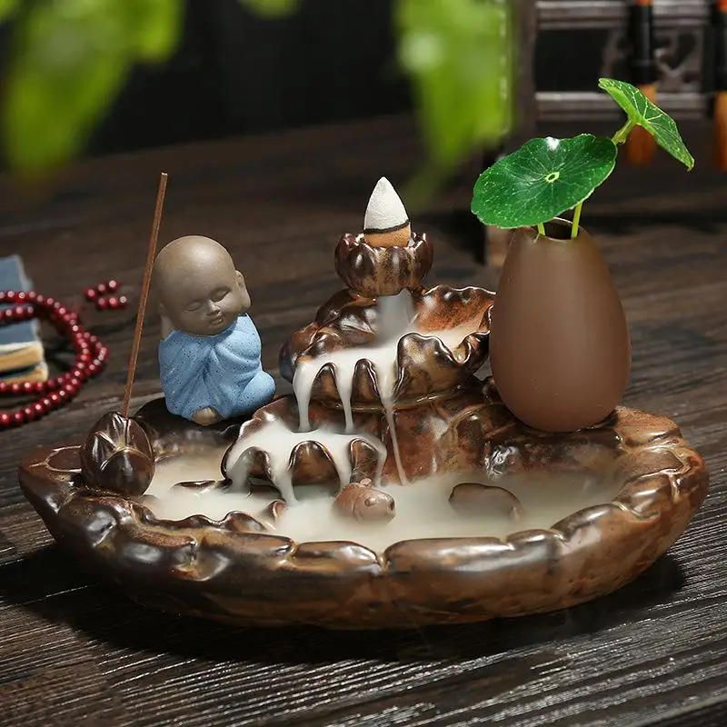 

Mountain With The Little Monk Backflow Incense Burner Ceramic Smoke Waterfall Incense Holder Burner Home Office Decor Gift