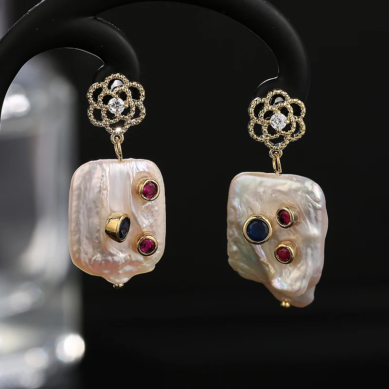 Роскошные серебряные серьги в стиле барокко с натуральным жемчугом для женщин, женские модные ювелирные изделия, богемные цветные серьги-гвоздики с цветком из кристаллов