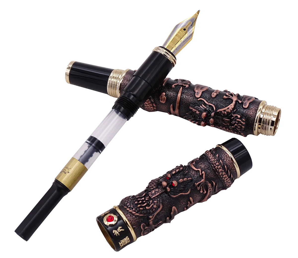 Винтажная красная медная перьевая ручка Jinhao двойной дракон каллиграфия перо Fude