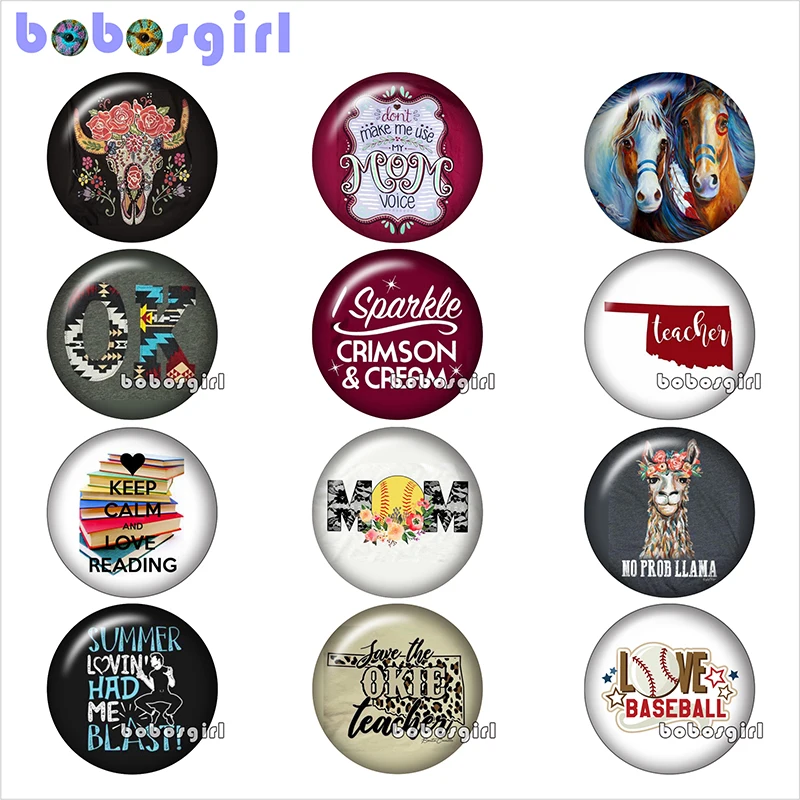 12pcs Mixed Set Moose Horse мама бейсбольное стекло кнопка оснастки ювелирные изделия DIY круглые фото Кабошоны с плоской обратной стороной TW1321 - Окраска металла: 12pcs Mixed Set