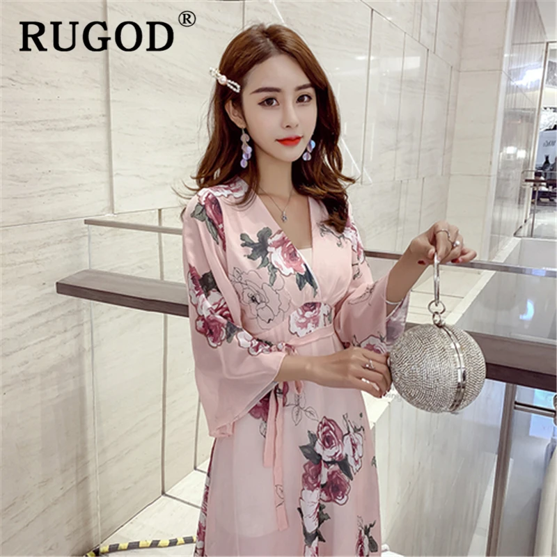 Женское шифоновое платье RUGOD длинное пляжное с v образным вырезом и цветочным