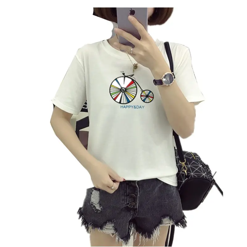 Корейская футболка Для женщин мультфильм колеса печать 2018 лето темперамент