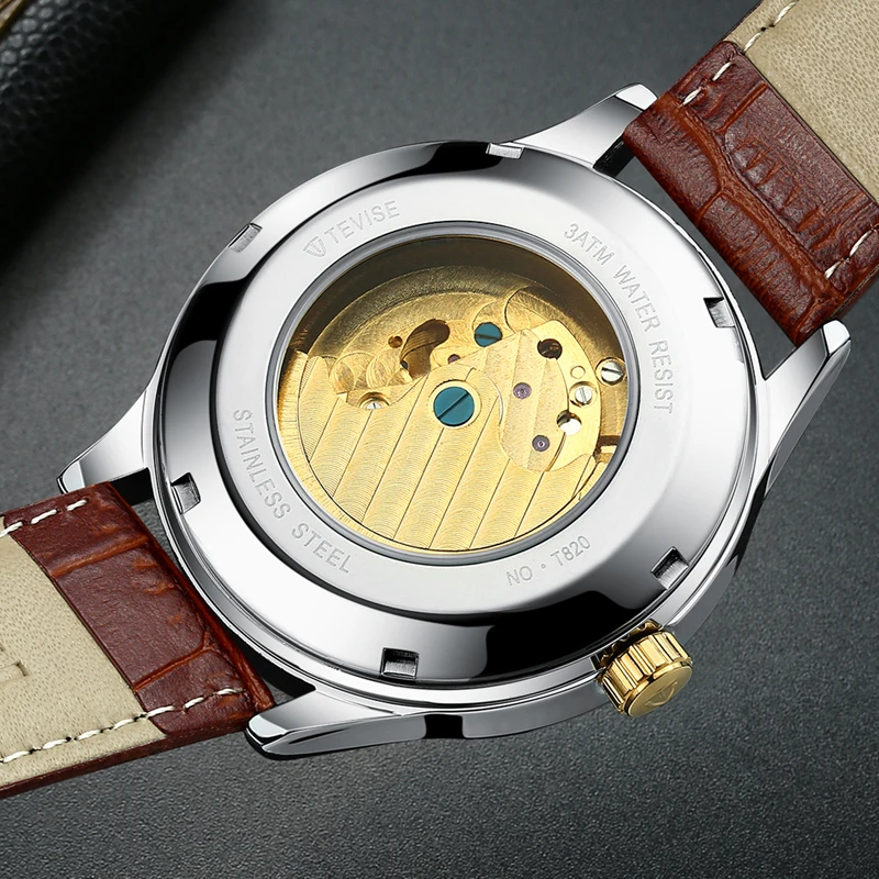 Tevise кожаные механические Автоматические часы для мужчин бизнес Tourbillon Moon Phase Skeleton