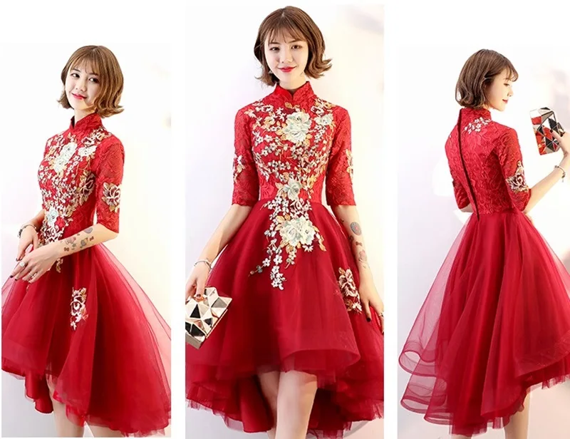Красные пышные платья Cheongsam для выпускного вечера, миди элегантные китайские платья, высокие коктейльные платья, вечерние платья TS447