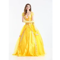 3pcs deluxe adult halloween costumes cosplay belle yellow princess dress women masquerade carnival party dress with petticoat