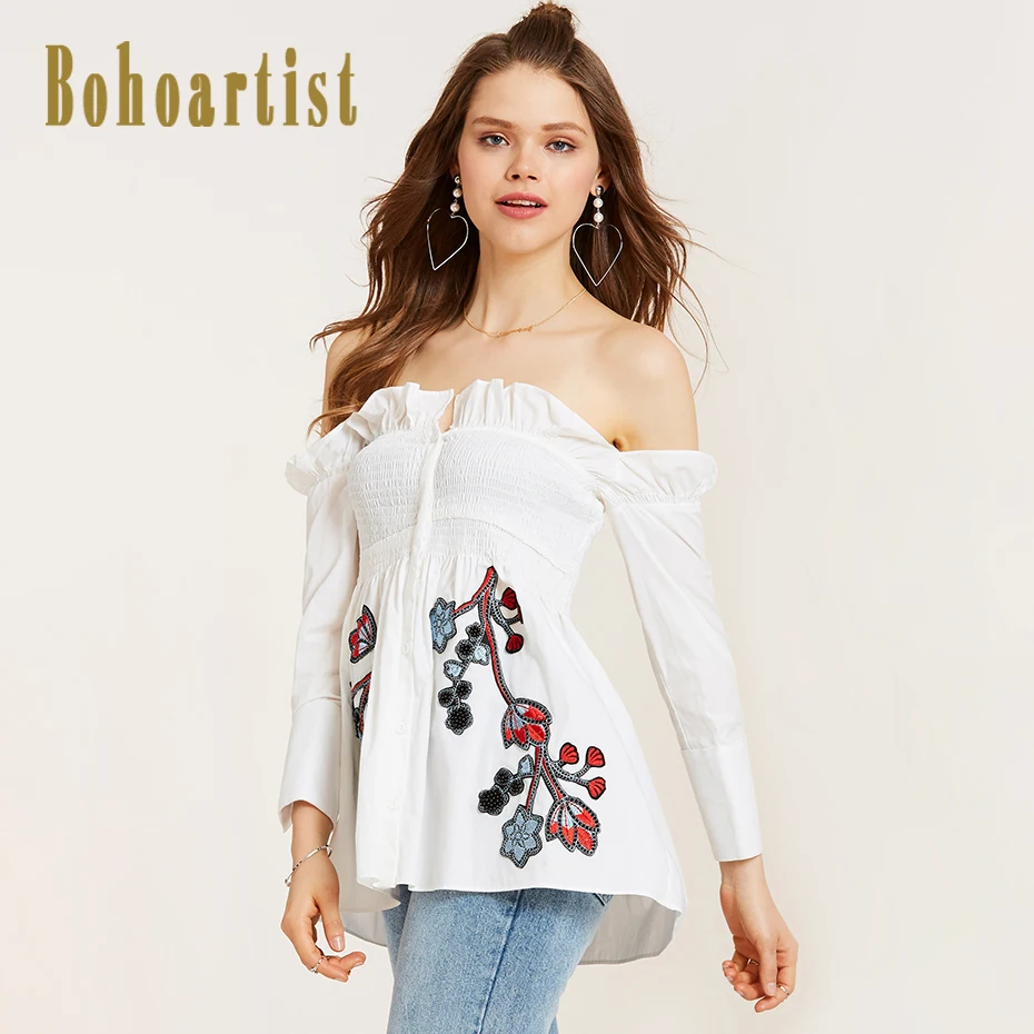 Для женщин Хлопок чешские рубашки Белый Boho Chic Рубашки с вышивкой молодые девушки