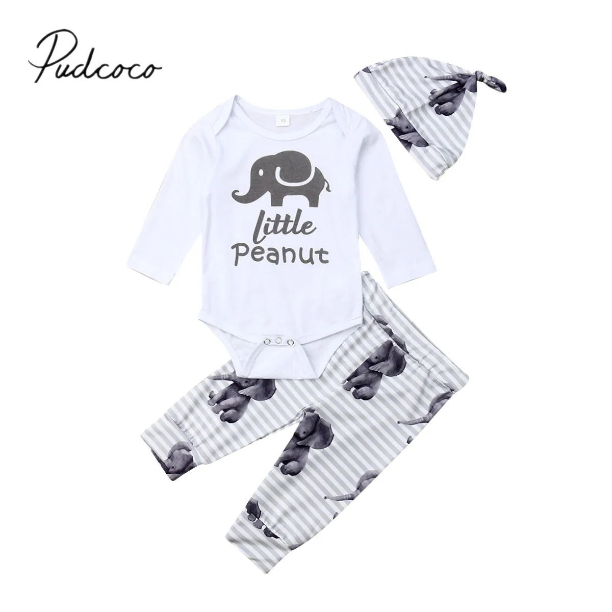 2019 Baby Spring Autumn Clothing Newborn Infant Kid Girl Boy Cartoon Elephant Long Sleeve Romper Tops+Pants Hats 3pcs Sets | Детская