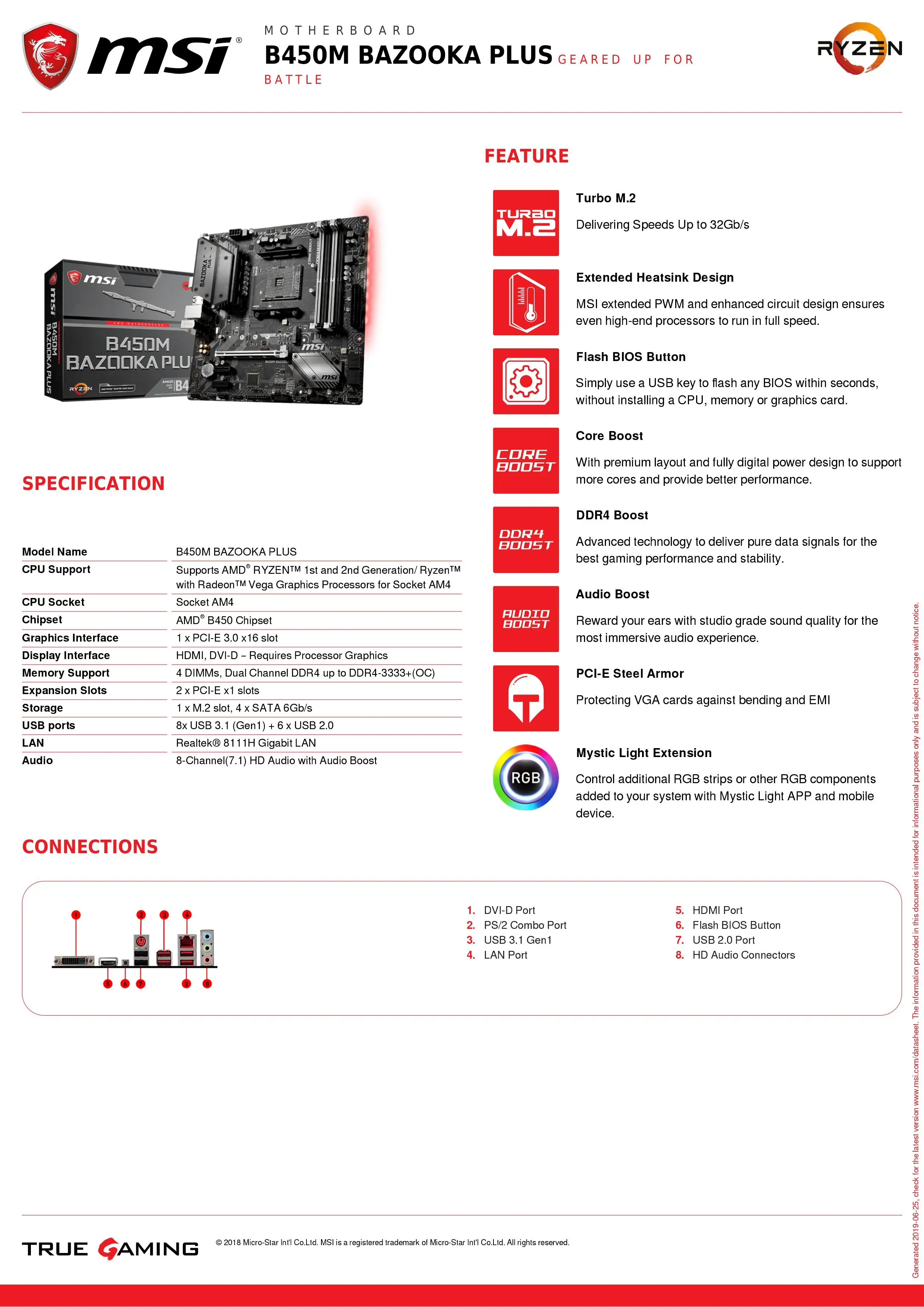 Новая оригинальная материнская плата MSI B450M BAZOOKA PLUS с разъемом AM4 DDR4 USB2.0 USB3.1 64 Гб B450, настольная материнская плата