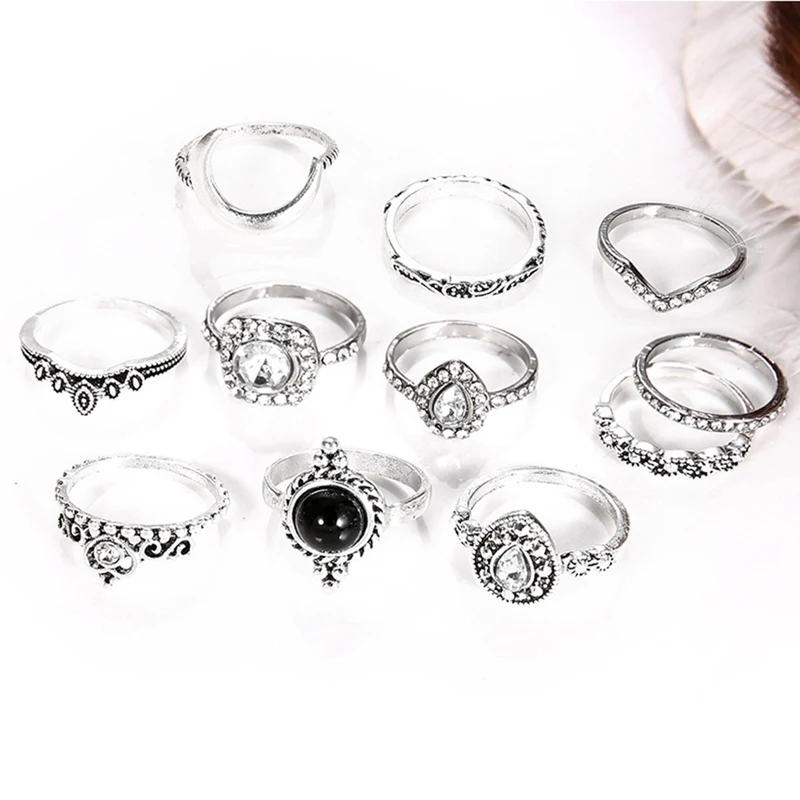 11 шт./упак. набор колец в богемном ретро стиле с драгоценными камнями кристаллами