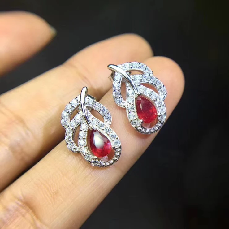Натуральный Красный Гранат gem Серьги Серебро 925 Природных драгоценных камней серьги женские личность перо Стад Серьги для обручальных