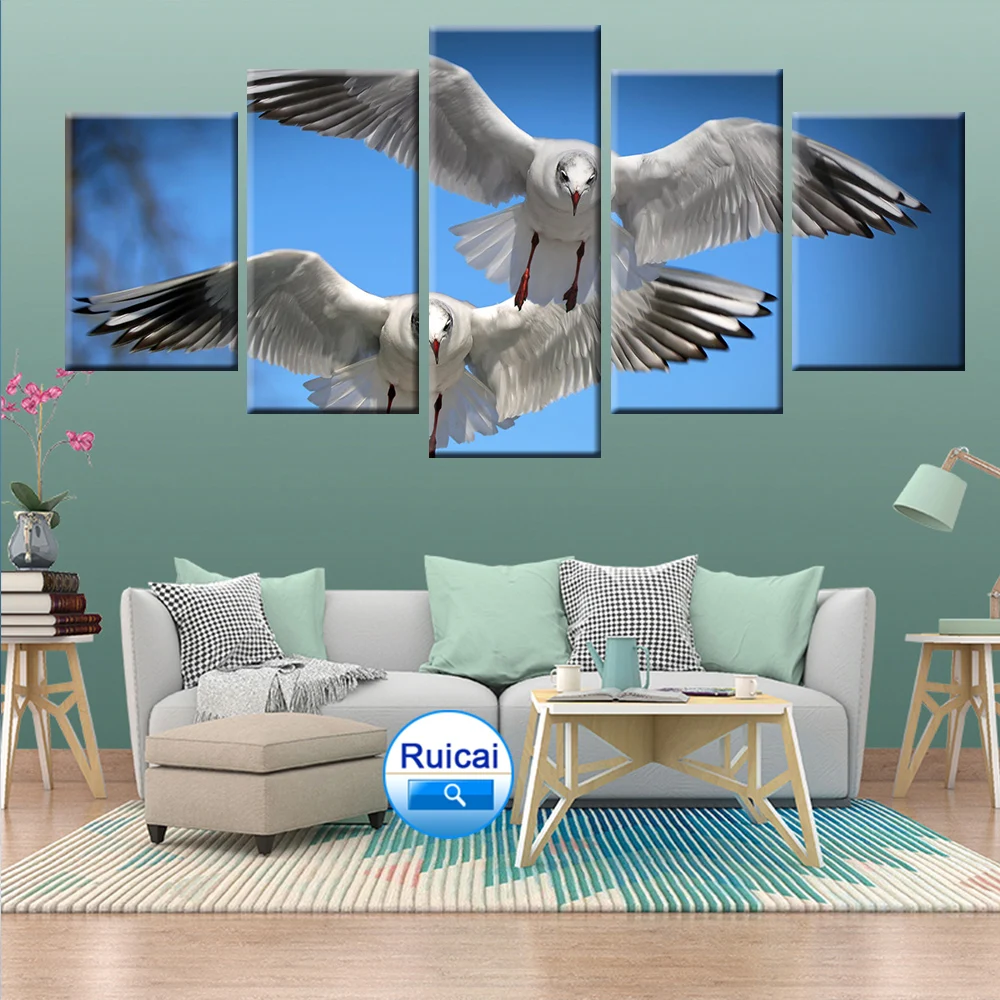 5 panel modular free flying seagull animal poster canvas painting unique home decoration wall art children's room living | Дом и сад