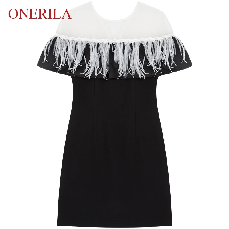 ONERILA 2018 Summer Stylish Elegant O Neck White Feathers Little Black Dresses Slim Sexy Women Mini Night Party Dress Vestidos | Женская