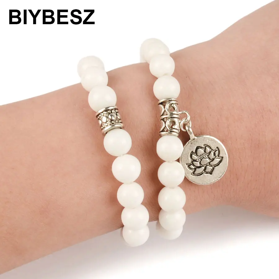 White Natural Stone OM Lotus Buddha Beads Bracelet Yoga Chakra Mala Women Men Beaded Charm Handmade Jewelry | Украшения и