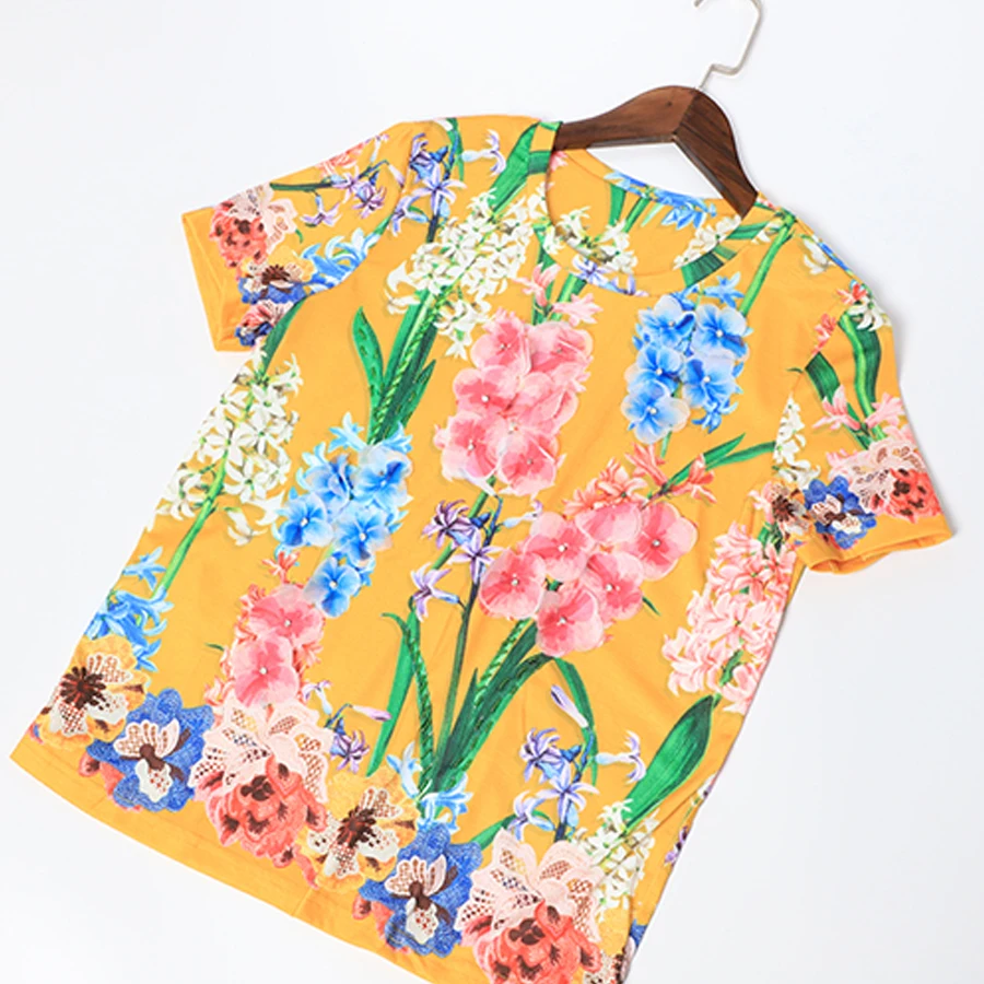 Wholesale Women's Tops Summer Fashion Runway New Yellow Orchids Printed Beaded Crystal Designer T-Shirts Casual Tshirt | Женская