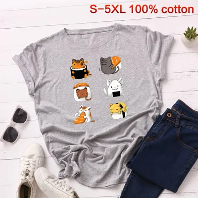 light gray SINGRAIN, милые суши, большие размеры, женская футболка, модная, летняя, короткий рукав, базовые футболки, топы, милый кот, мультфильм, хлопковая Футболка с принтом - Цвет: light gray