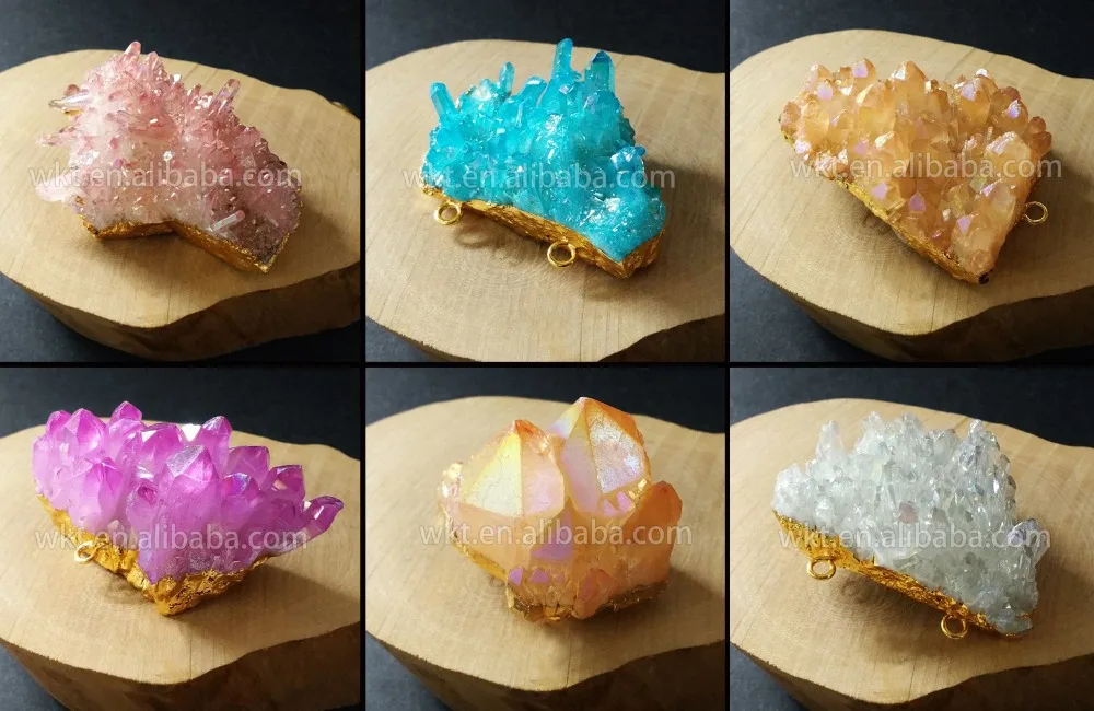 WT-N533 Wholesale 10pcs raw quartz aura necklace rough pink cluster Aura with gold color on edge | Украшения и аксессуары