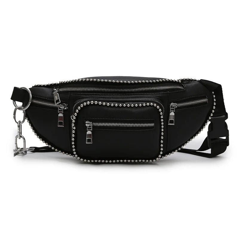 Black shoulder bag Нагрудная сумка с заклепками и цепочкой, поясная сумка, Повседневная сумка с бананом для путешествий, наклонный наплечный рюкзак из искусственной кожи, поясная сумка в стиле панк, Сумки 130 - Цвет: Black shoulder bag