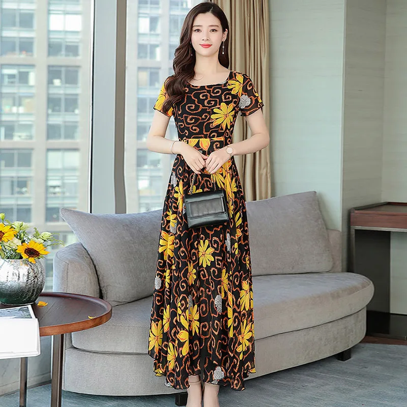 Женское платье с круглым вырезом Летние платья модное до щиколотки цветочным