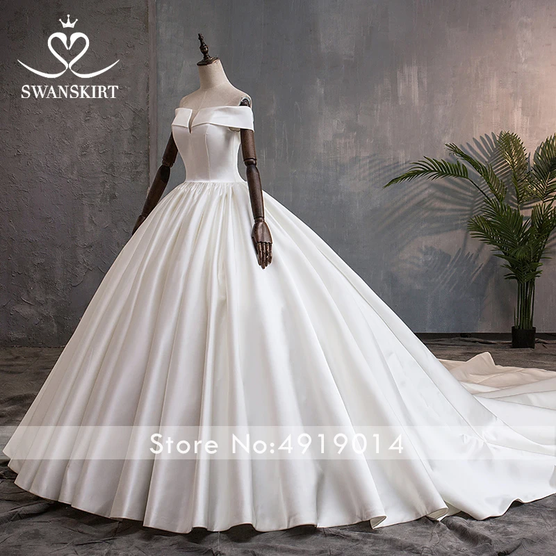 Swanskirt элегантное ТРАПЕЦИЕВИДНОЕ атласное платье свадебное платье с открытыми плечами невесты платье с горловиной лодочка со шлейфом средней длины Размеры vestido de noiva F138