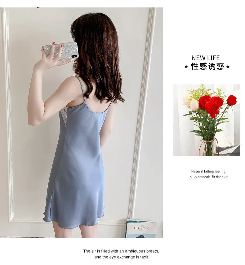 Сексуальная Женская шелковистая Ночная рубашка на бретелях ночная домашняя
