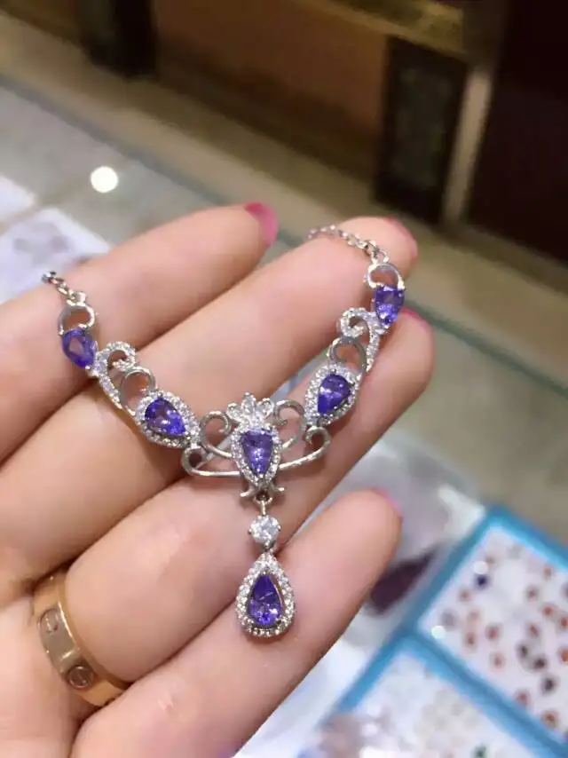 Настоящее 4*6 мм подвеска из танзанита ожерелья s925 стерлингового серебра корона
