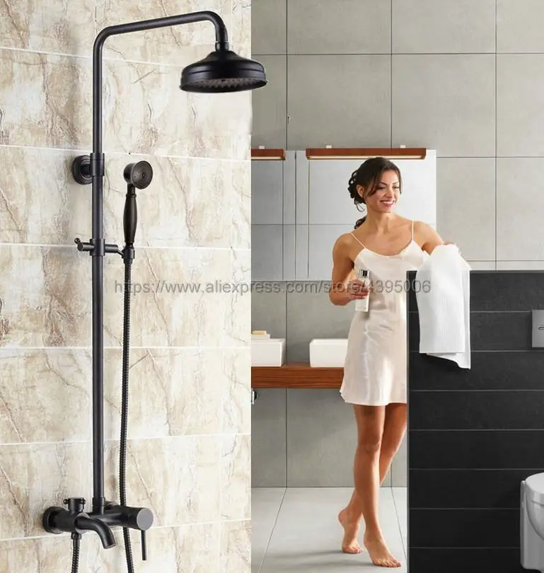 

Bathroom 8" Rainfall Shower Faucet Set Black Bronze Single Handle Bath Shower Mixer Taps Wall Mounted with Handshower Brs342