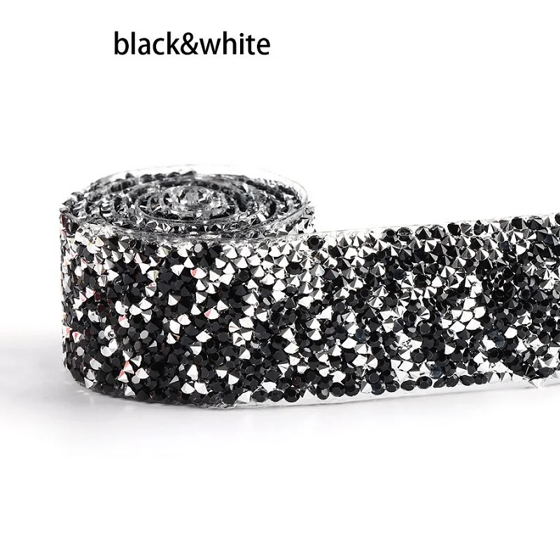black-white 1 ярд Горячая фиксация стразы отделка красочные смолы сетки горячей фиксации страз кристалл окантовка аппликация железа на аппликации для шитья - Color: black-white