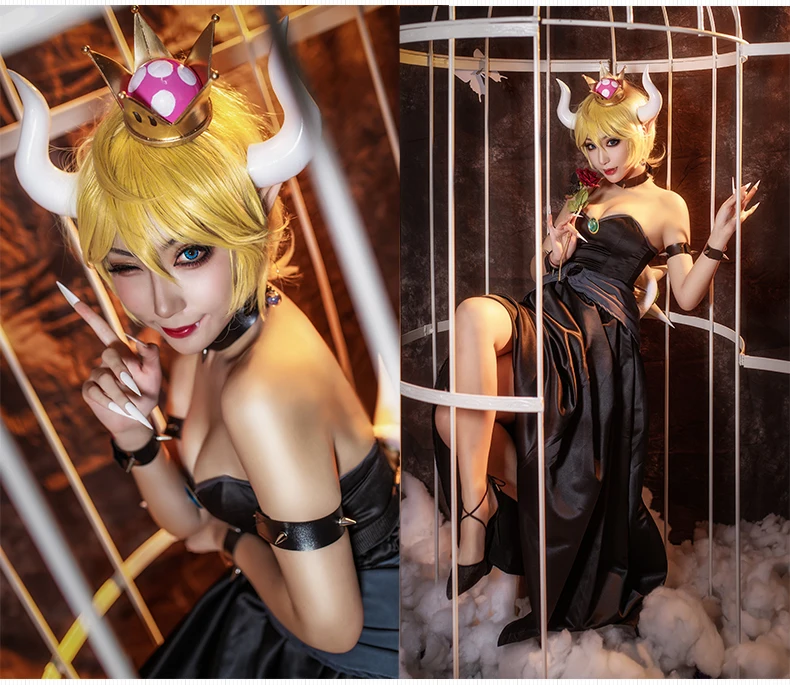 Горячая игра Bowsette костюм аниме для косплея Kuppa Koopa Hime платье принцессы косплей Черное женское сексуальное платье Рождественская вечеринка