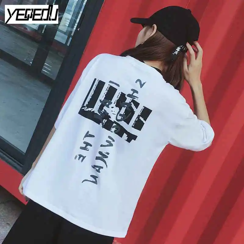 #3858 свободные с коротким рукавом футболка женщин черный/белый Harajuku Хип хоп улица