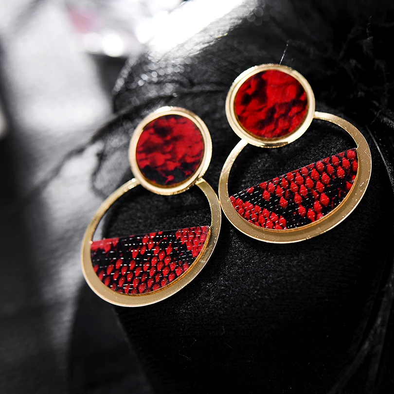 Женские серьги-подвески в стиле панк Pipitree Крупные круглые серьги из змеиной кожи