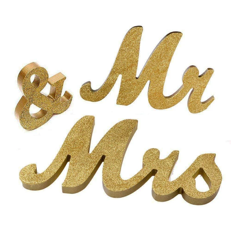 Деревянный Свадебный знак Mr& Mrs, золотой Блестящий Свадебный знак с буквами, настольный знак, милые украшения стола для Значки для вечеринки, художественное ремесло из дерева