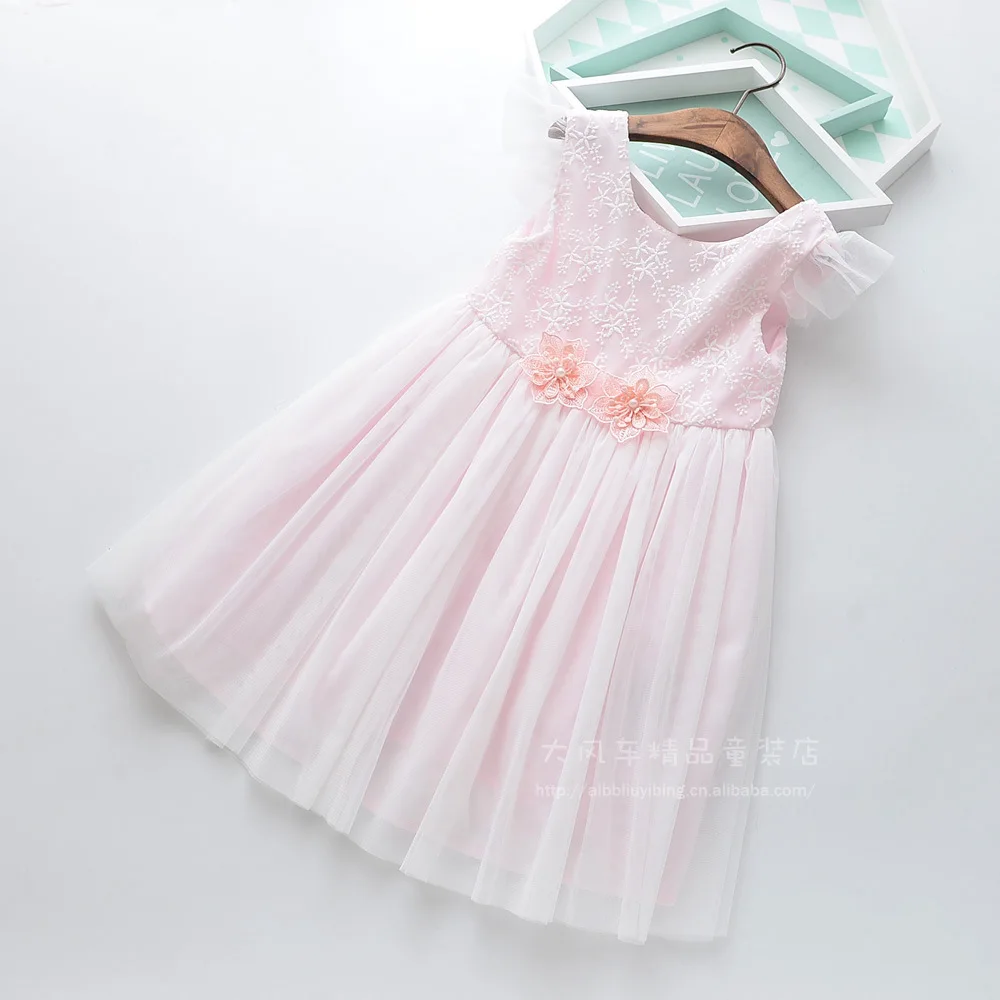 Roimyal Wholesale 2019 Summer new sweet flowers decorated dress 2-9 years girl round collar mesh flying sleeve vest | Детская одежда и