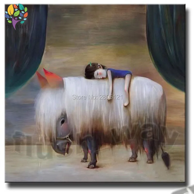 hand painted chinese artist original painting little sleeping girl and the big pet unique design kids child room canvas art | Дом и сад