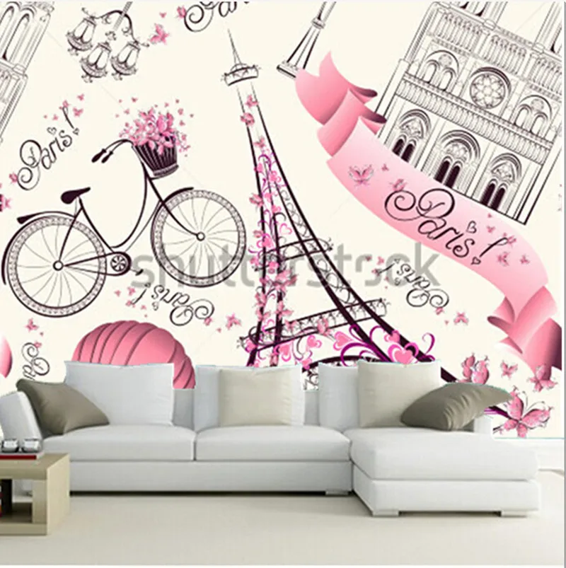 

Custom 3D large murals, paris symbols pattern romantic travel in Paris, living room sofa TV wall bedroom background wall paper