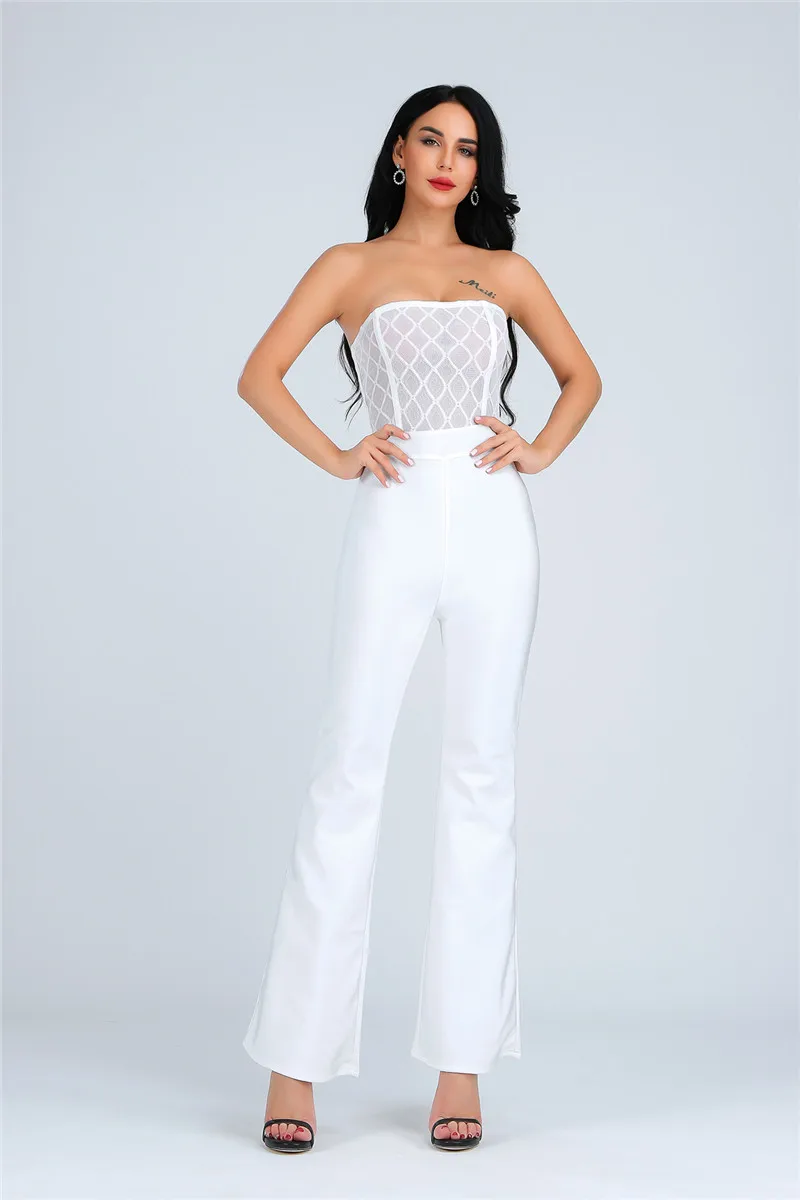 New Arrival Luxury Celebrity White Strapless Sleeveless White Bodycon Bandage Jumpsuits Night Club Party Clothing