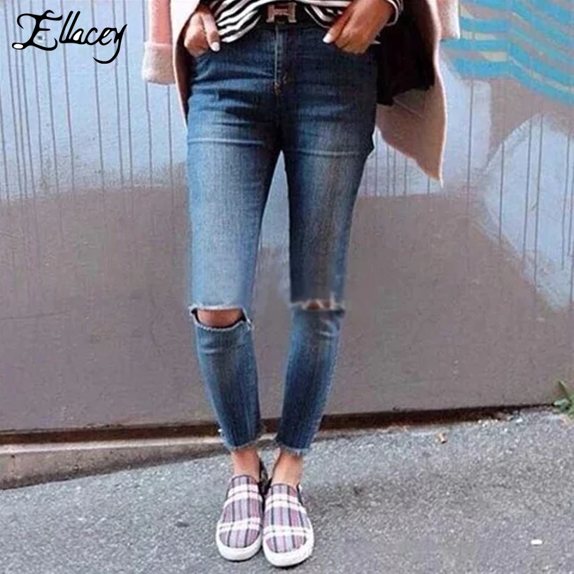 Новинка 2018 года сезон весна лето уличная мода узкие брюки женские рваные джинсы