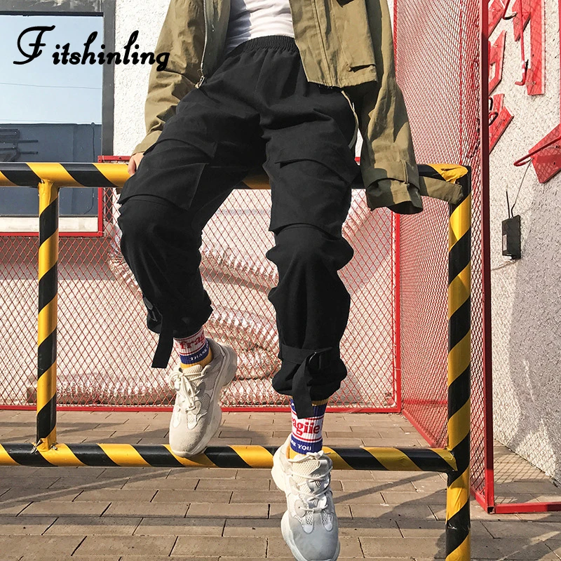 Fitshinling Harajuku женские брюки карго уличная мода тонкие карманы черные для женщин 2019