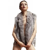 zy88003 classic lady genuine knitted winter women rabbit fur vest with tassels raccoon fur trimming fur waistcoat gilet