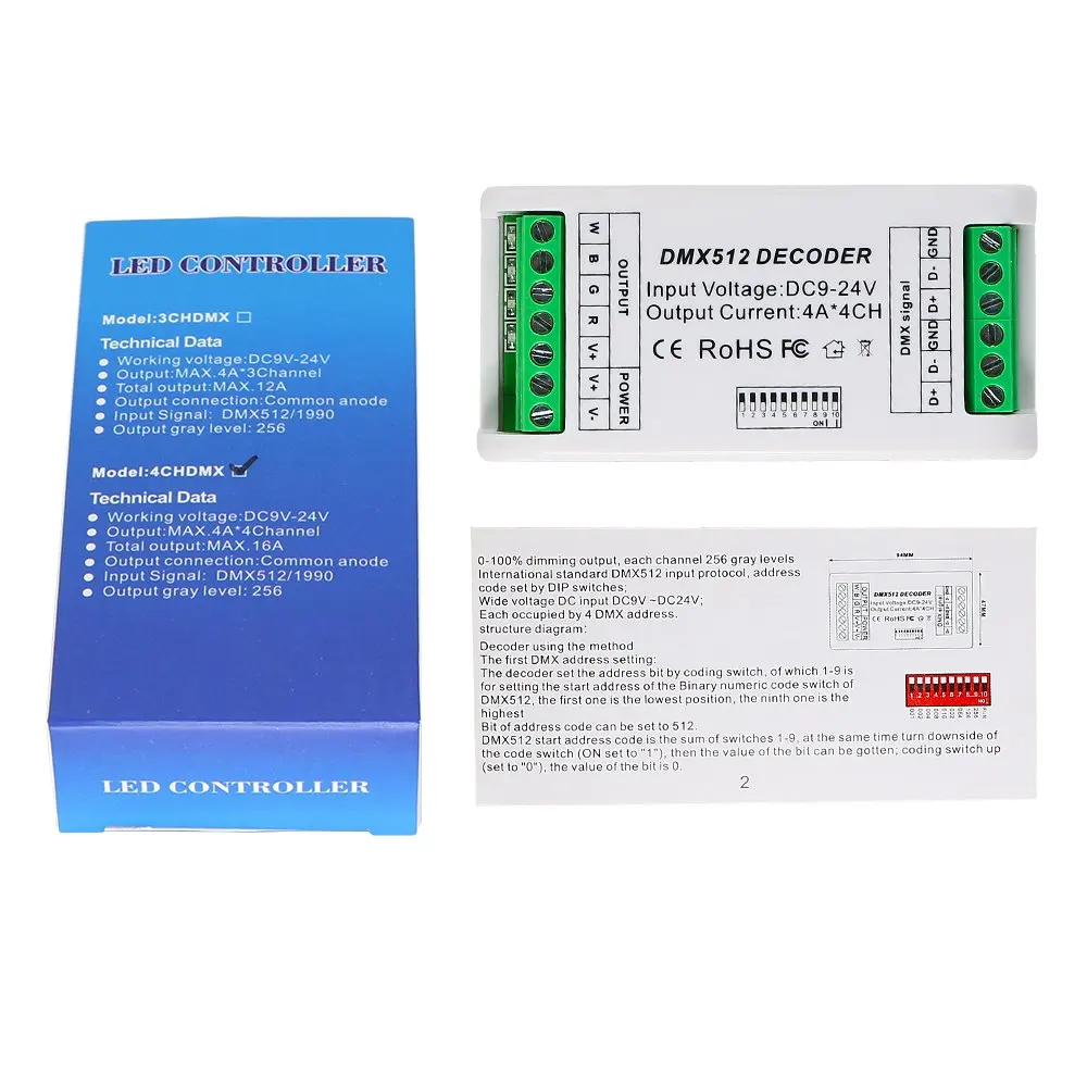 4 CH Mini DMX 512 LED Controller Channel RGBW Dimmer Decoder Driver For Strip Module DC9-24V 16A ST192 | Лампы и освещение