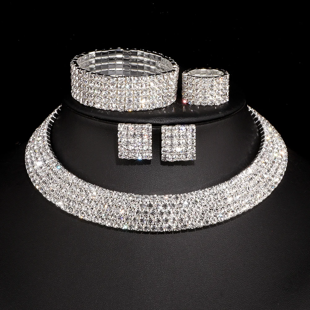 Роскошный романтический Кристалл Наборы свадебных ювелирных изделий женский серебряный Цепочки и ожерелья серьги браслеты из колец наборы для Для женщин W001