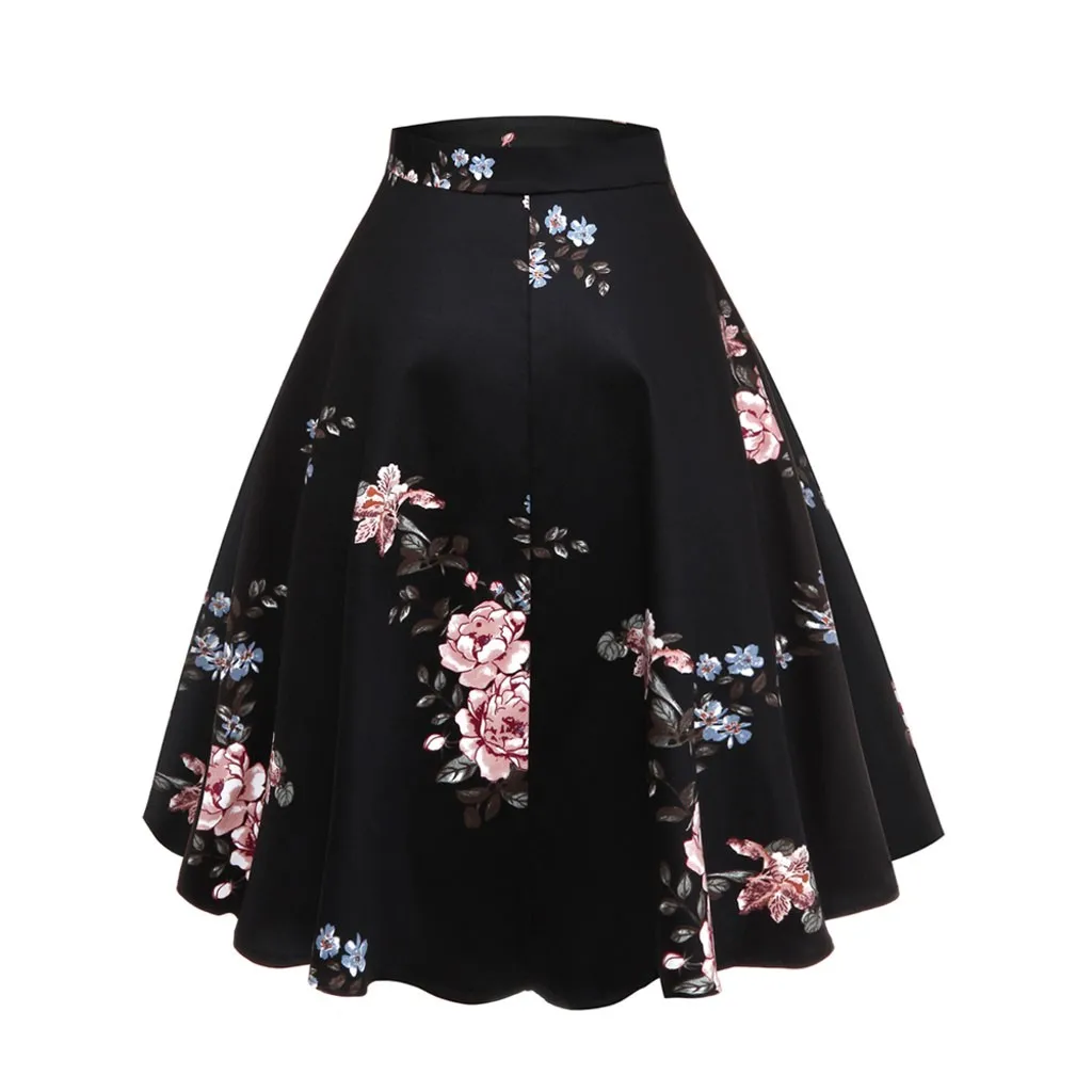 Black Faldas mujer moda, женское летнее винтажное бальное платье с принтом, повседневное вечернее платье, юбка с высокой талией, jupe femme# C - Цвет: Black