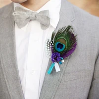 diy private customization senior groom corsages peacock feather boutonniere purple blue men best man boutineer handmade