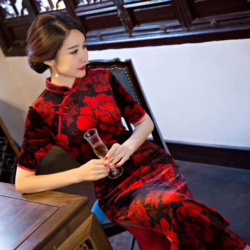 Черный красный длинный тонкий Для женщин Cheongsam Китайский Дамы Велюр Qipao Новинка