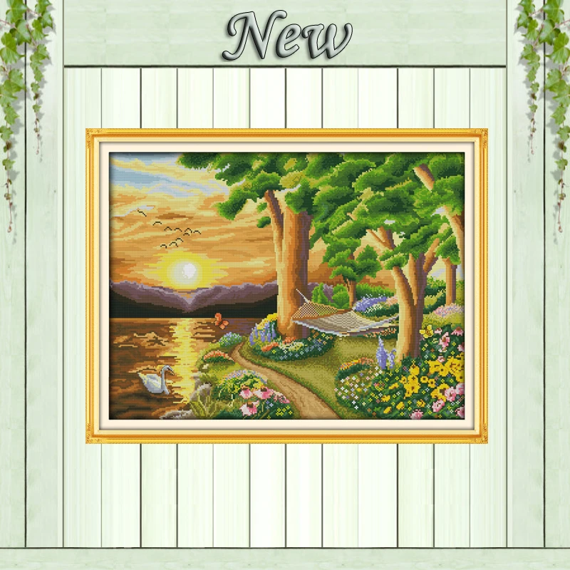 

Набор для вышивки крестиком DMC 11CT 14CT, Набор для вышивки крестиком на холсте с изображением заката, озера, домашний декор