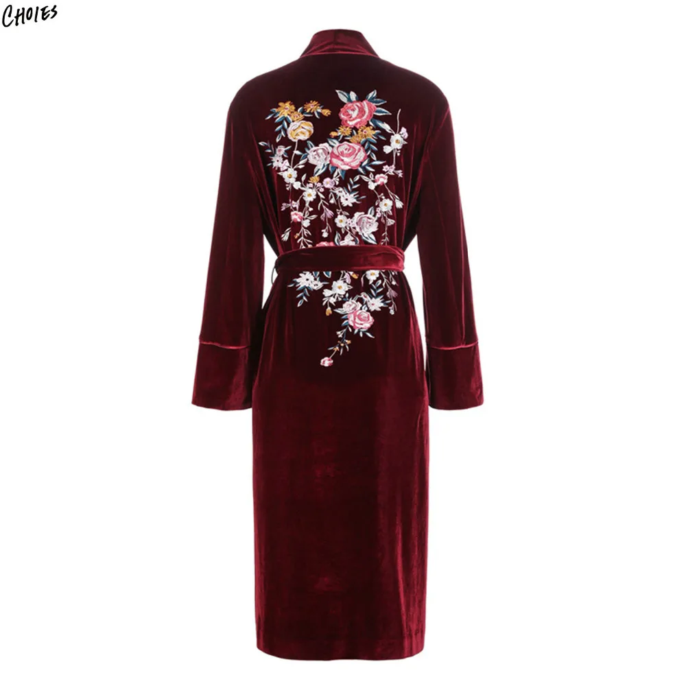 2 Colors Floral Embroidery Back Velvet Trench Coat Women Tied Waist V Neck Long Sleeve 2017 New Autumn Longline Outwear | Женская одежда