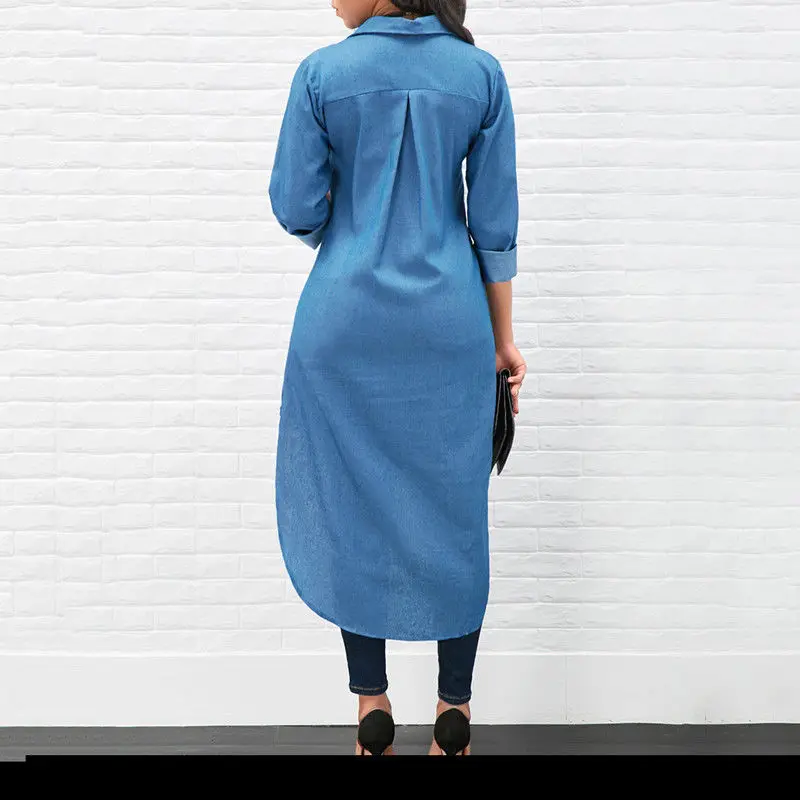 

New Casual Women Denim Shirt Summer Long Shirts Loose Long Roll-Up Sleeve Tops Fashion Women Clothes