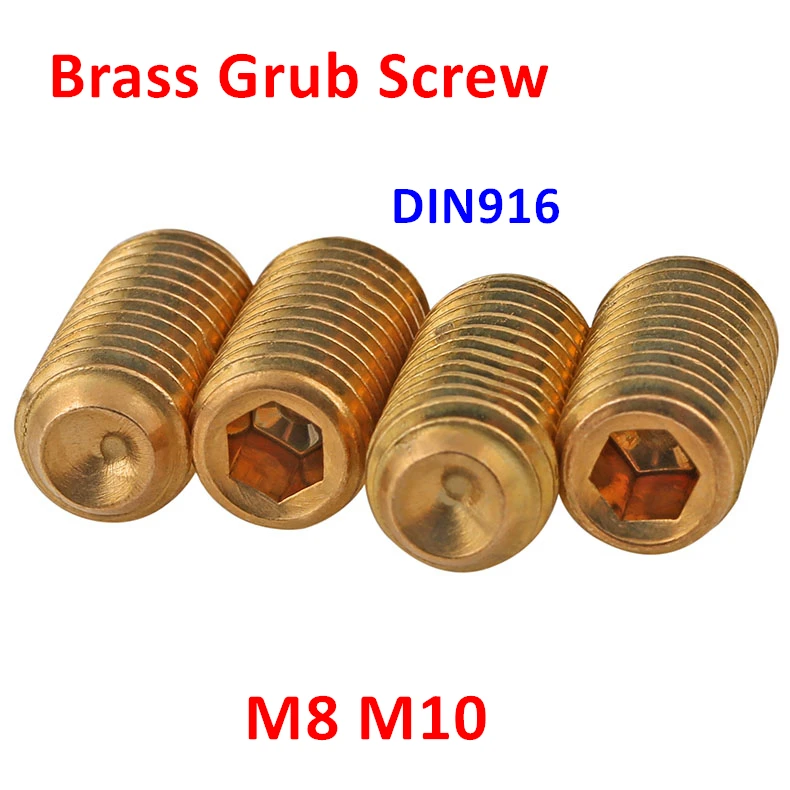 

10pcs Thread M8 M10 DIN916 Brass Set Screws Hexagon socket Headless Cup Point Grub Screw Hex Socket Set Screws L=8/10/12/16/20mm
